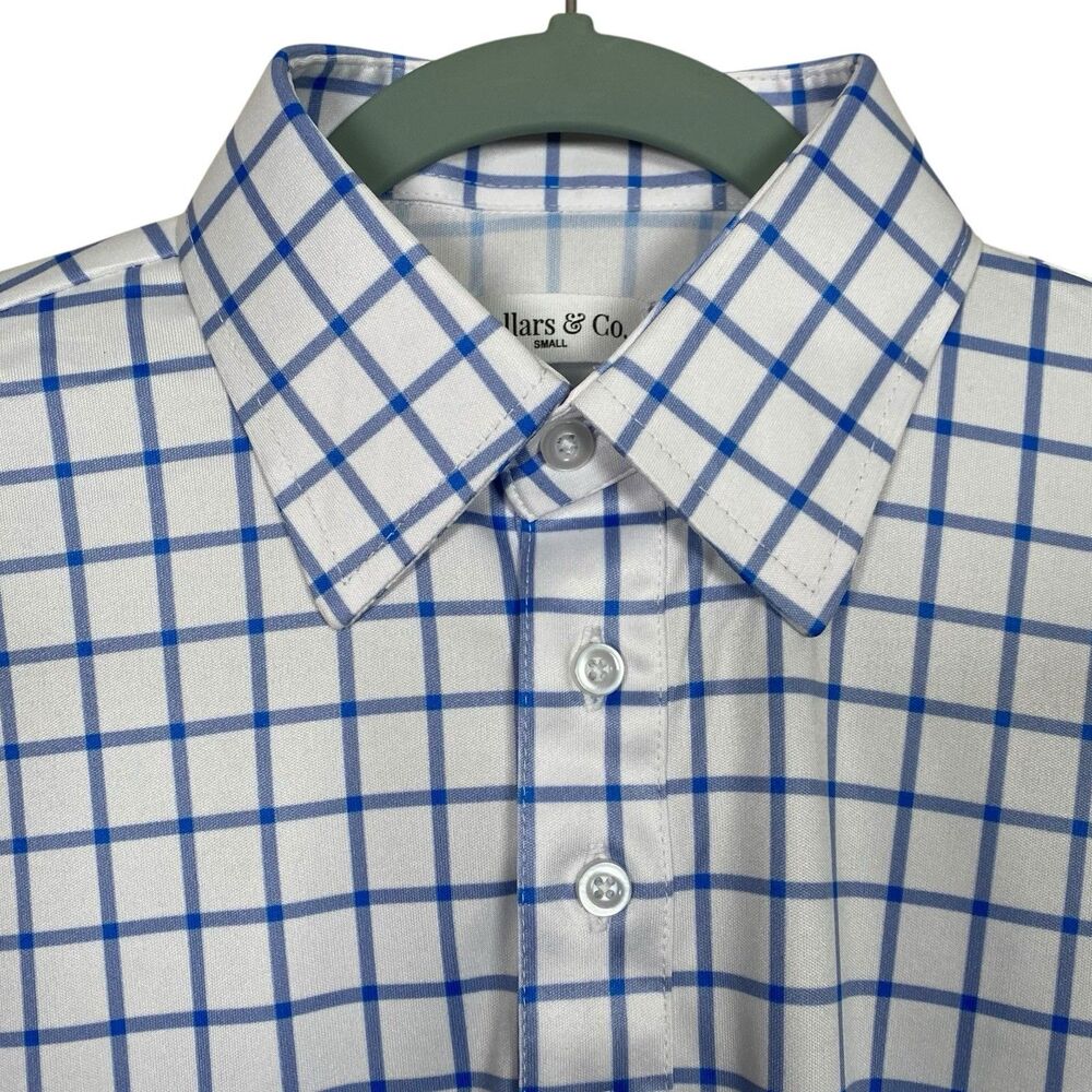 Collars & Co Polo Shirt Mens Small Blue White Windowpane Plaid Dress Collar NEW